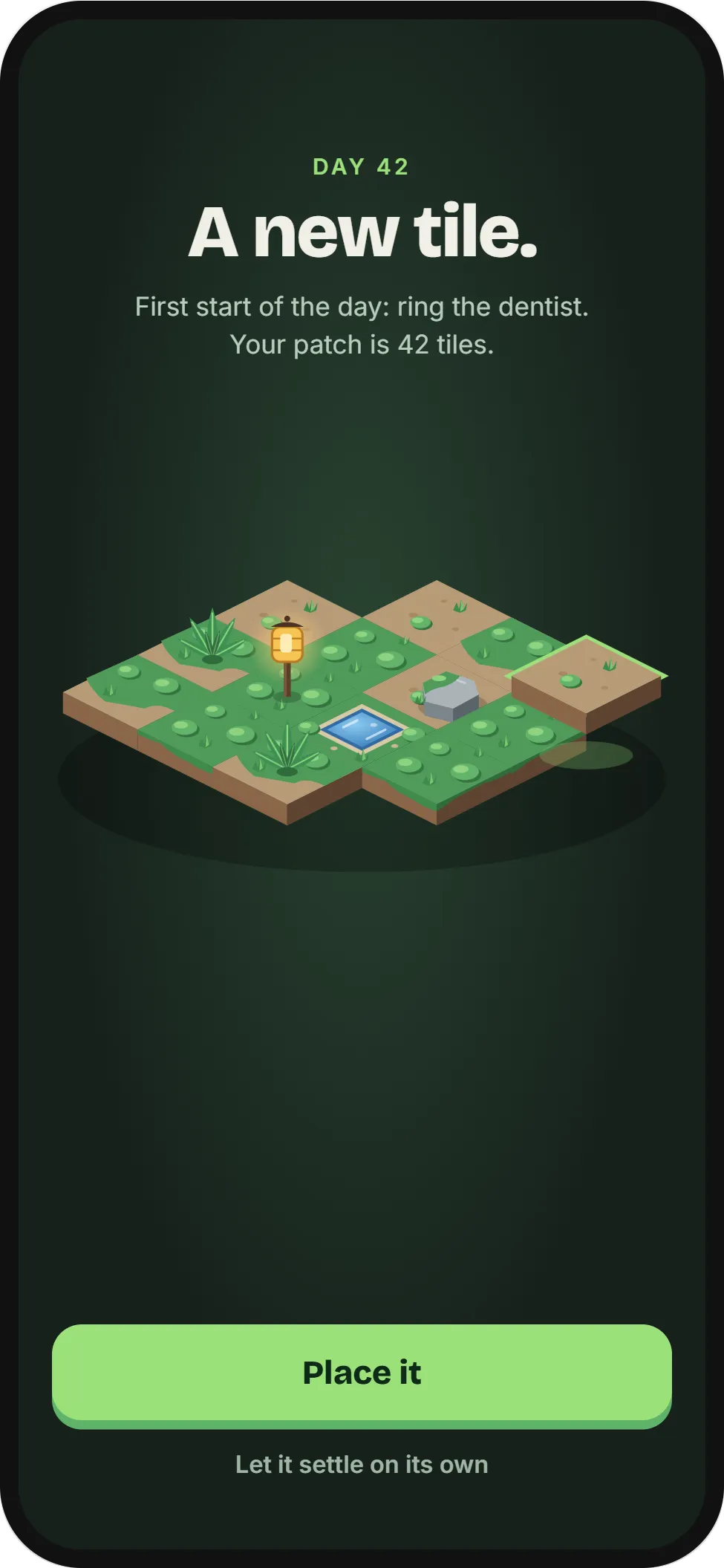 The growth moment: 'A new tile.' over a small isometric moss patch with a lantern, and a Place it button.