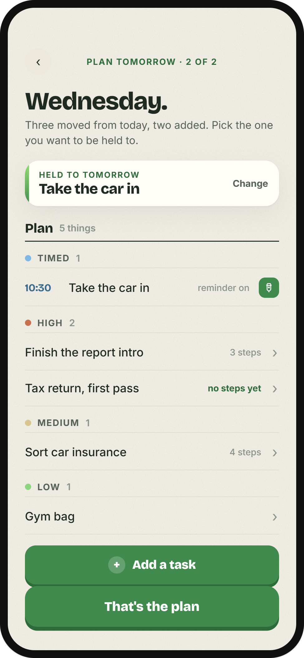 Plan tomorrow